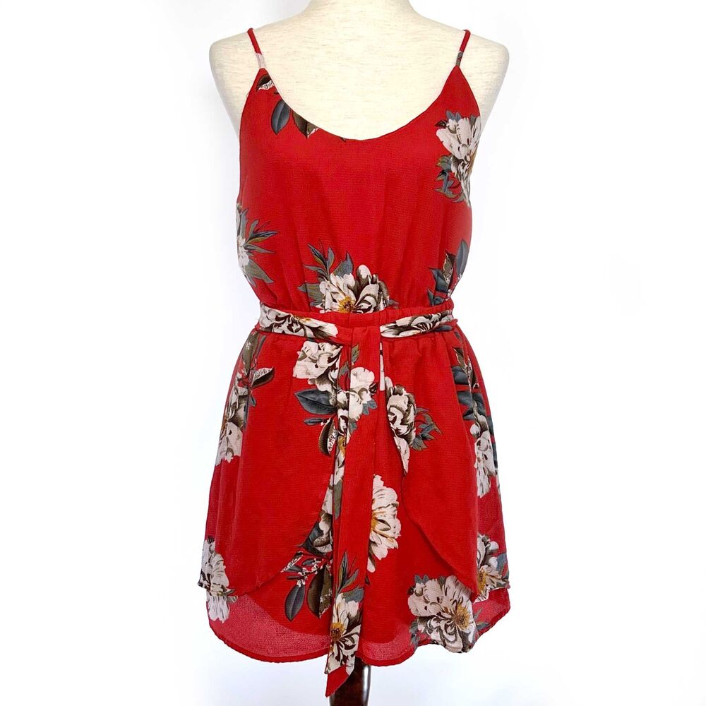Promesa Red Floral Mini Dress, Spaghetti Straps - Picture 4 of 7